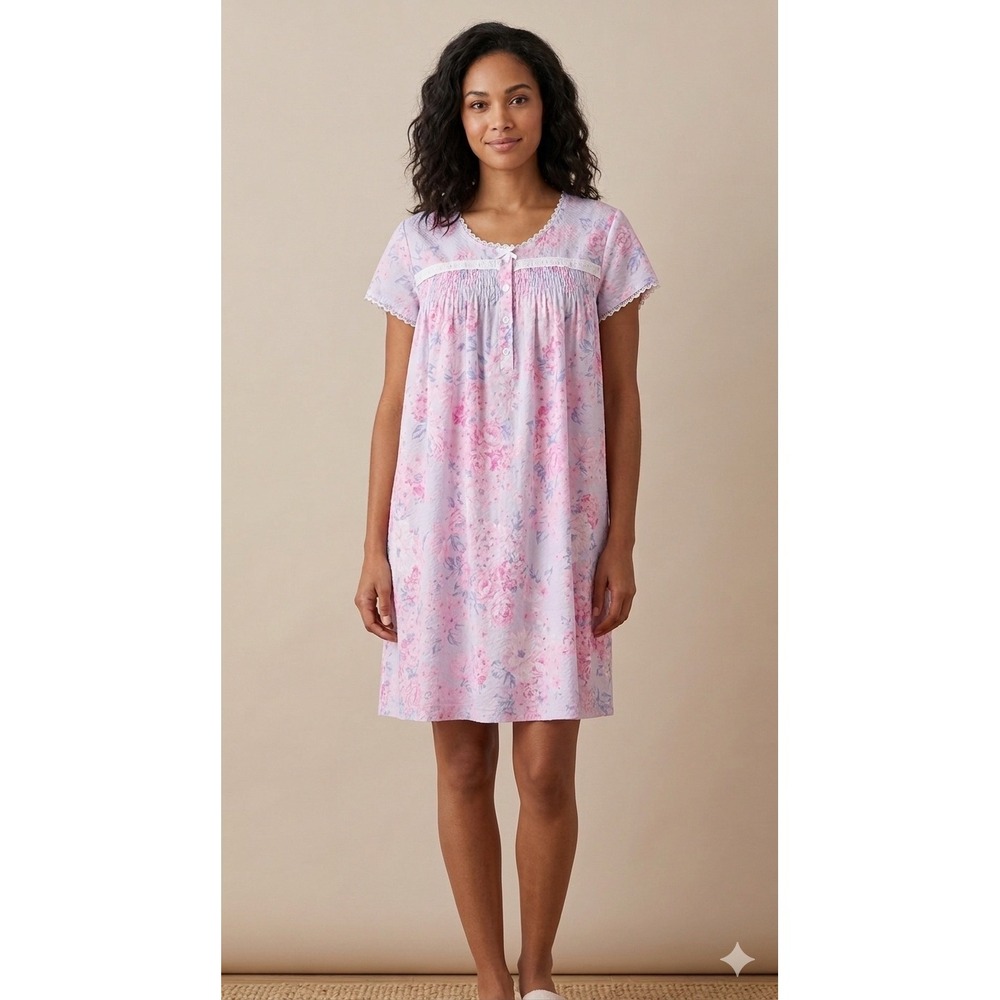 Miss Elaine Nightgown Large Pink Floral Cotton Lace Trim Smocked Cottagecore